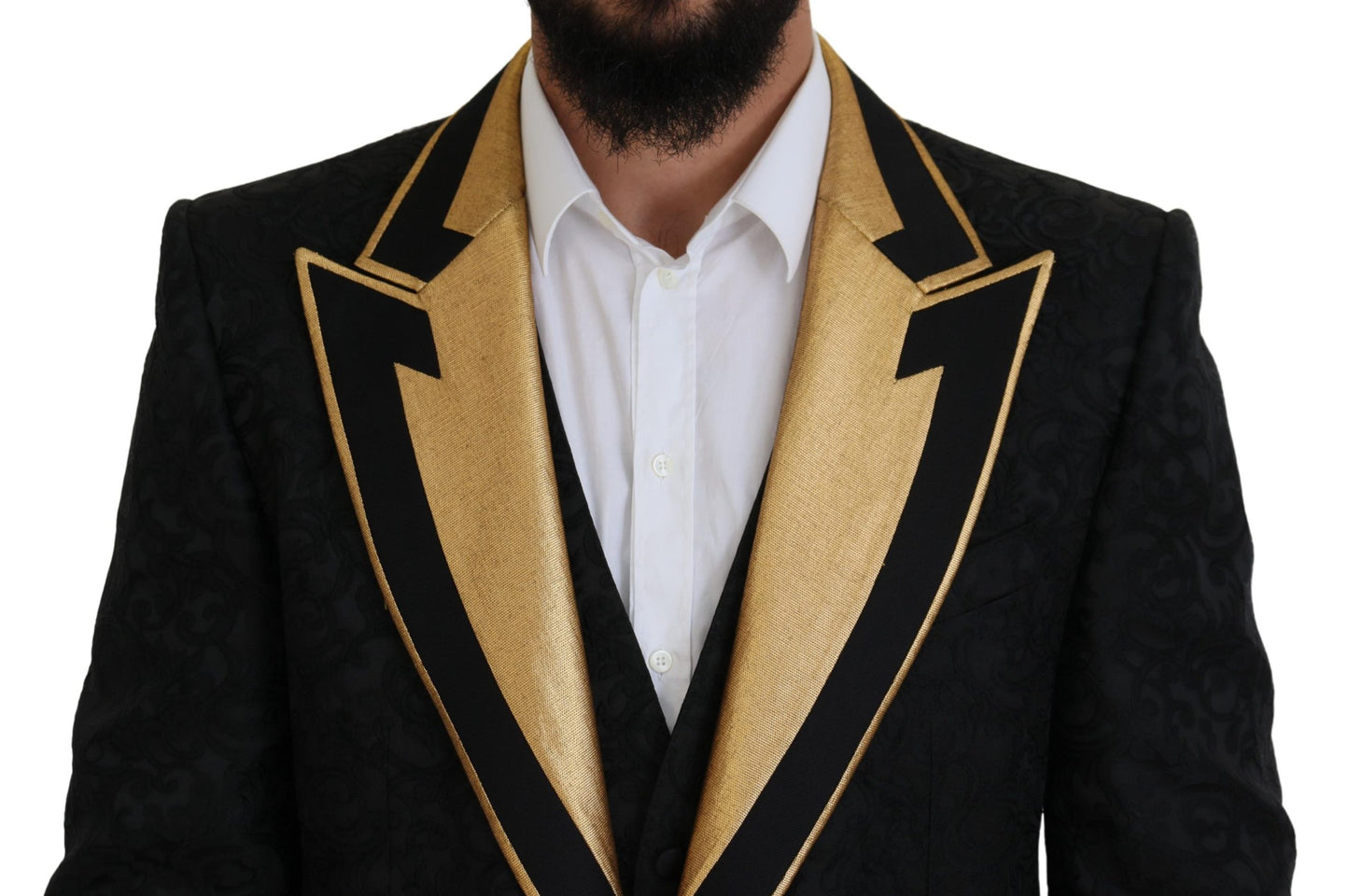 Elegante traje negro y dorado de 3 piezas de corte entallado