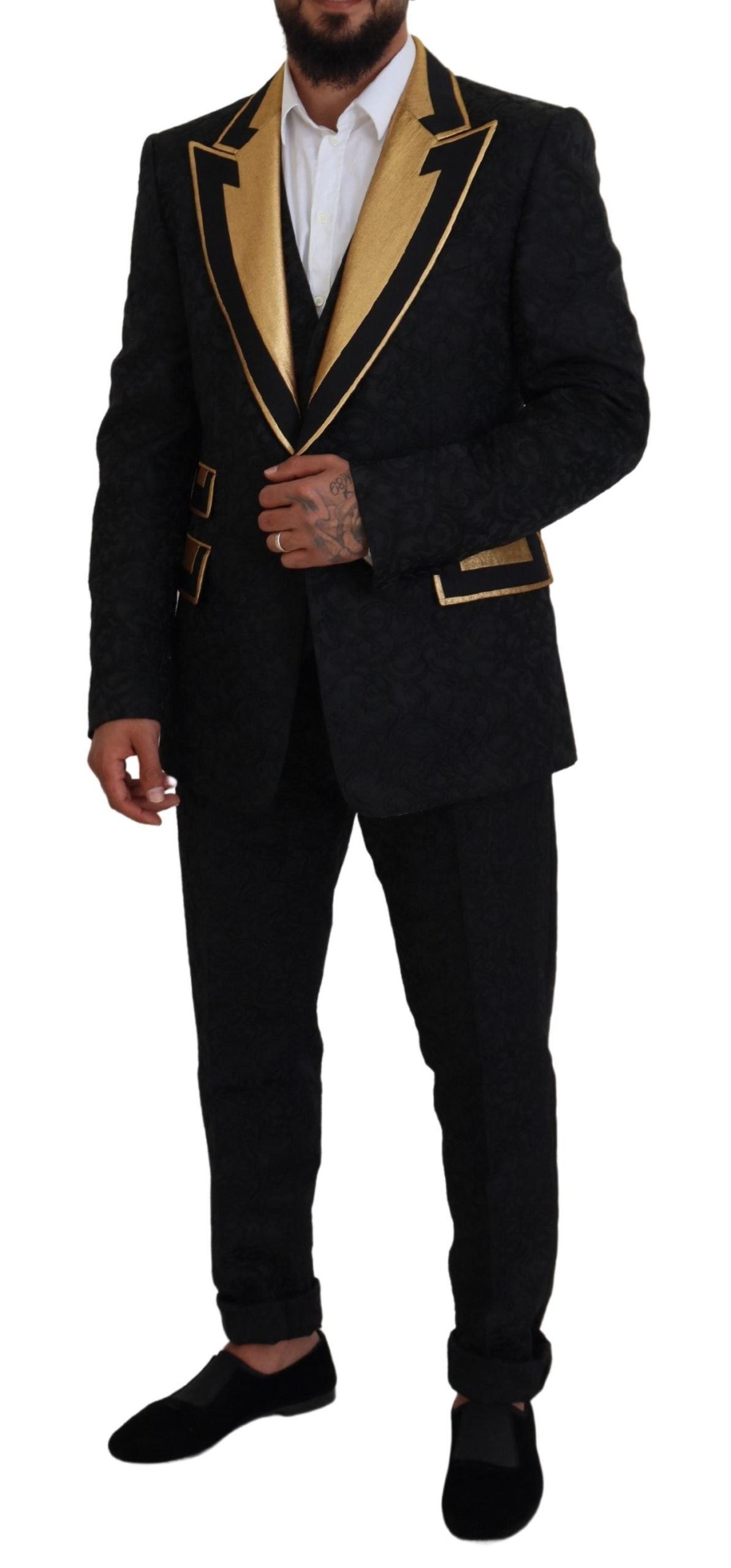 Elegante traje negro y dorado de 3 piezas de corte entallado
