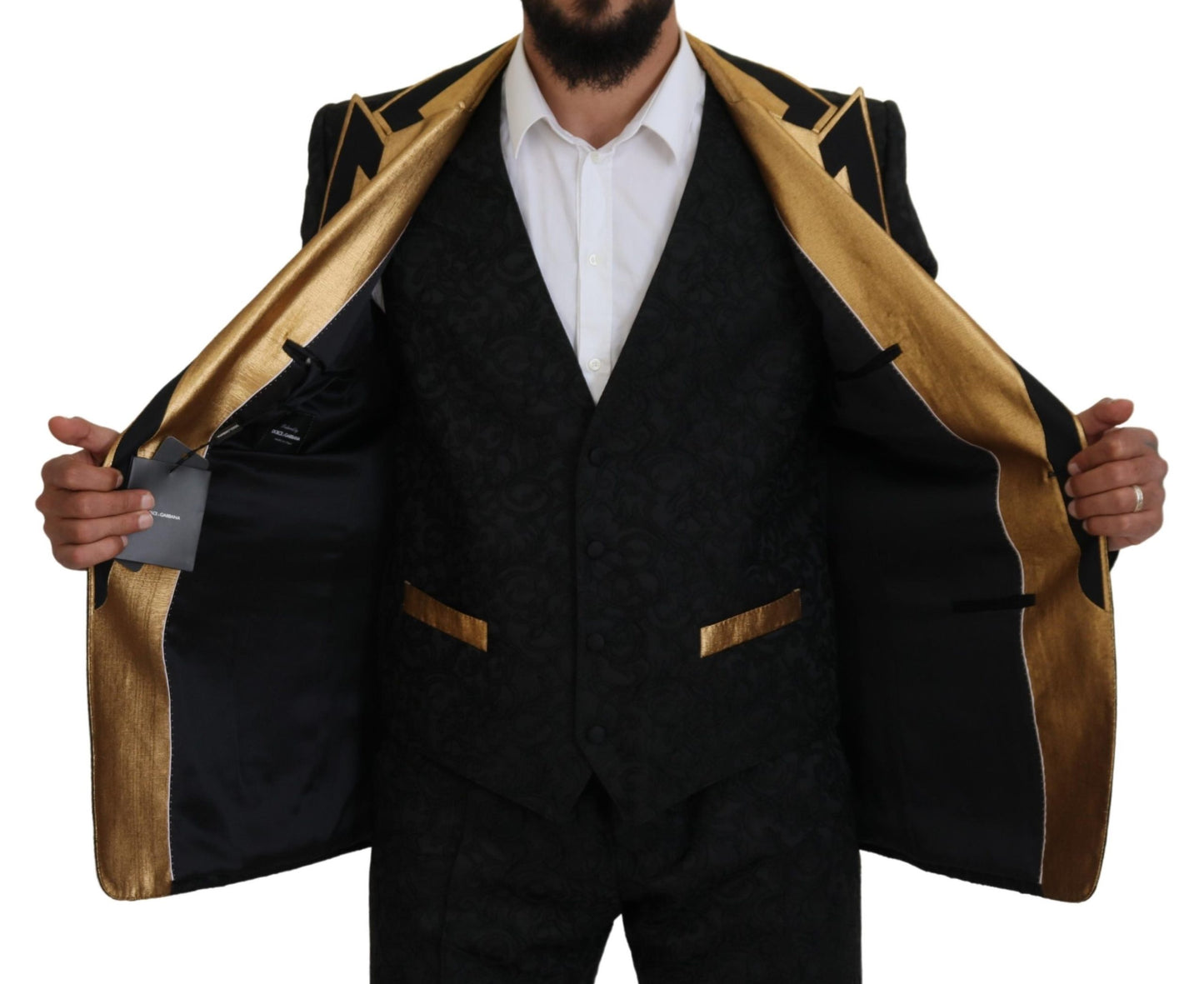 Elegante traje negro y dorado de 3 piezas de corte entallado