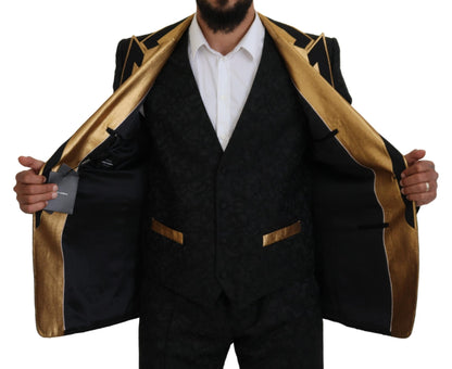 Elegante traje negro y dorado de 3 piezas de corte entallado