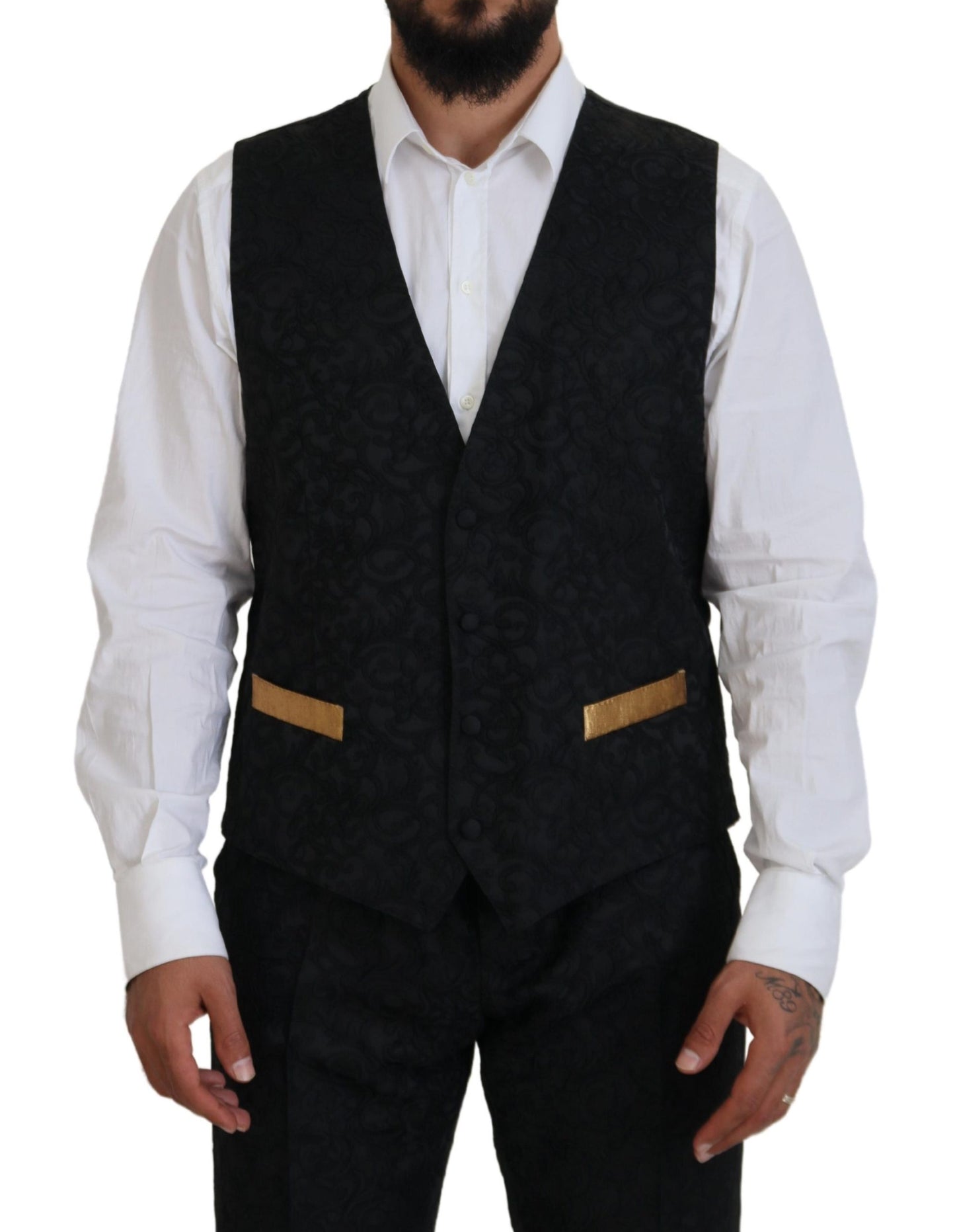 Elegante traje negro y dorado de 3 piezas de corte entallado