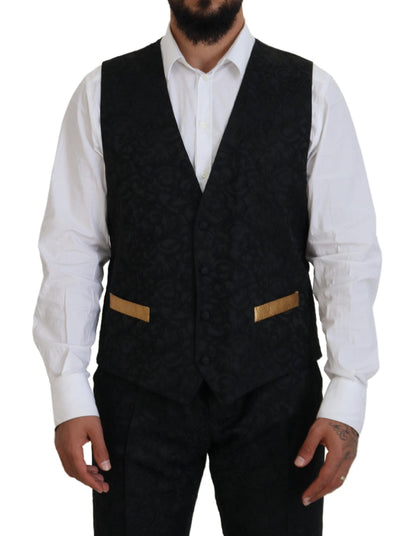 Elegante traje negro y dorado de 3 piezas de corte entallado