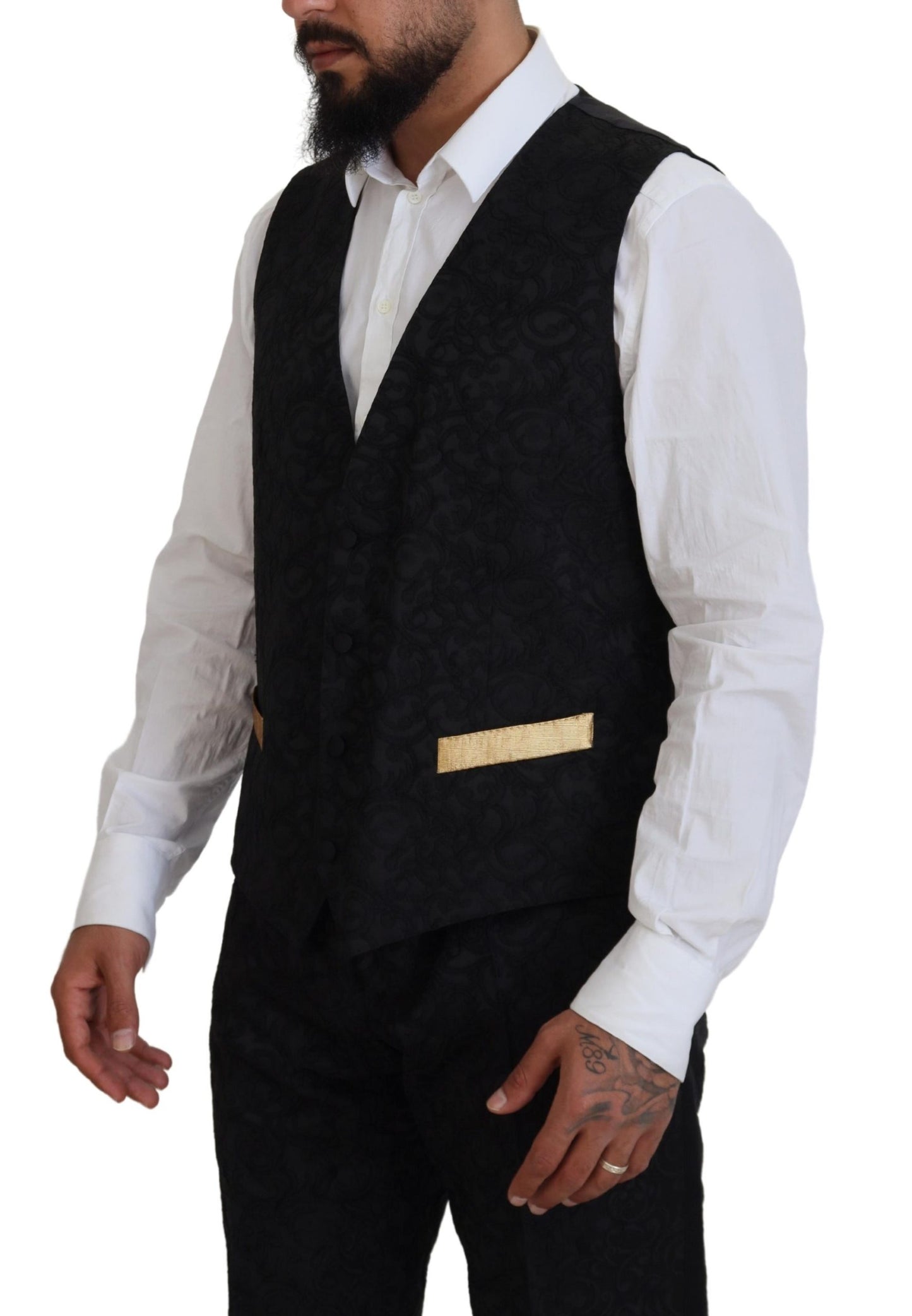 Elegante traje negro y dorado de 3 piezas de corte entallado