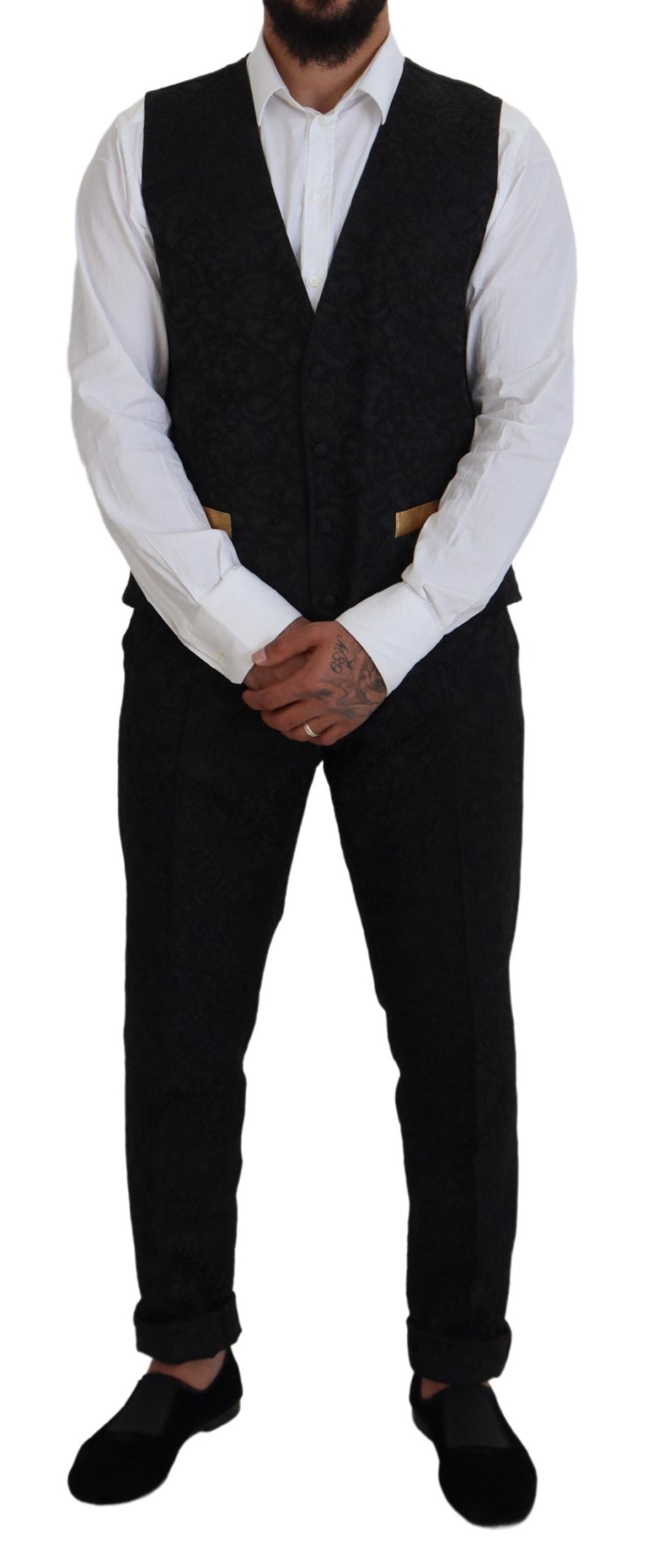 Elegante traje negro y dorado de 3 piezas de corte entallado