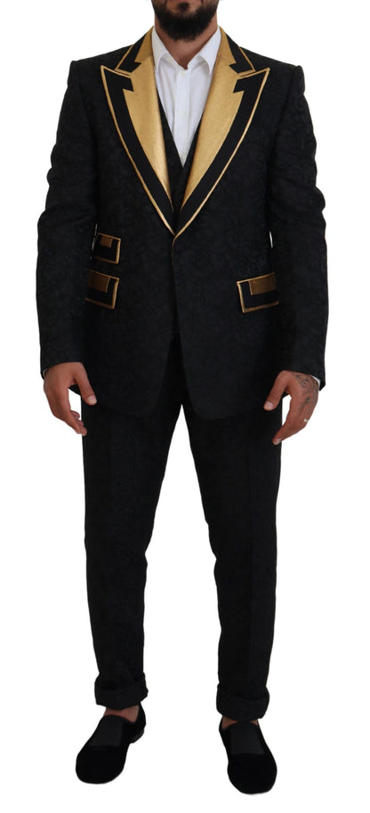 Elegante traje negro y dorado de 3 piezas de corte entallado