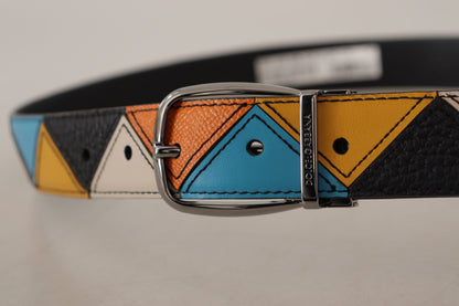 Elegante cinturón de piel multicolor con hebilla plateada