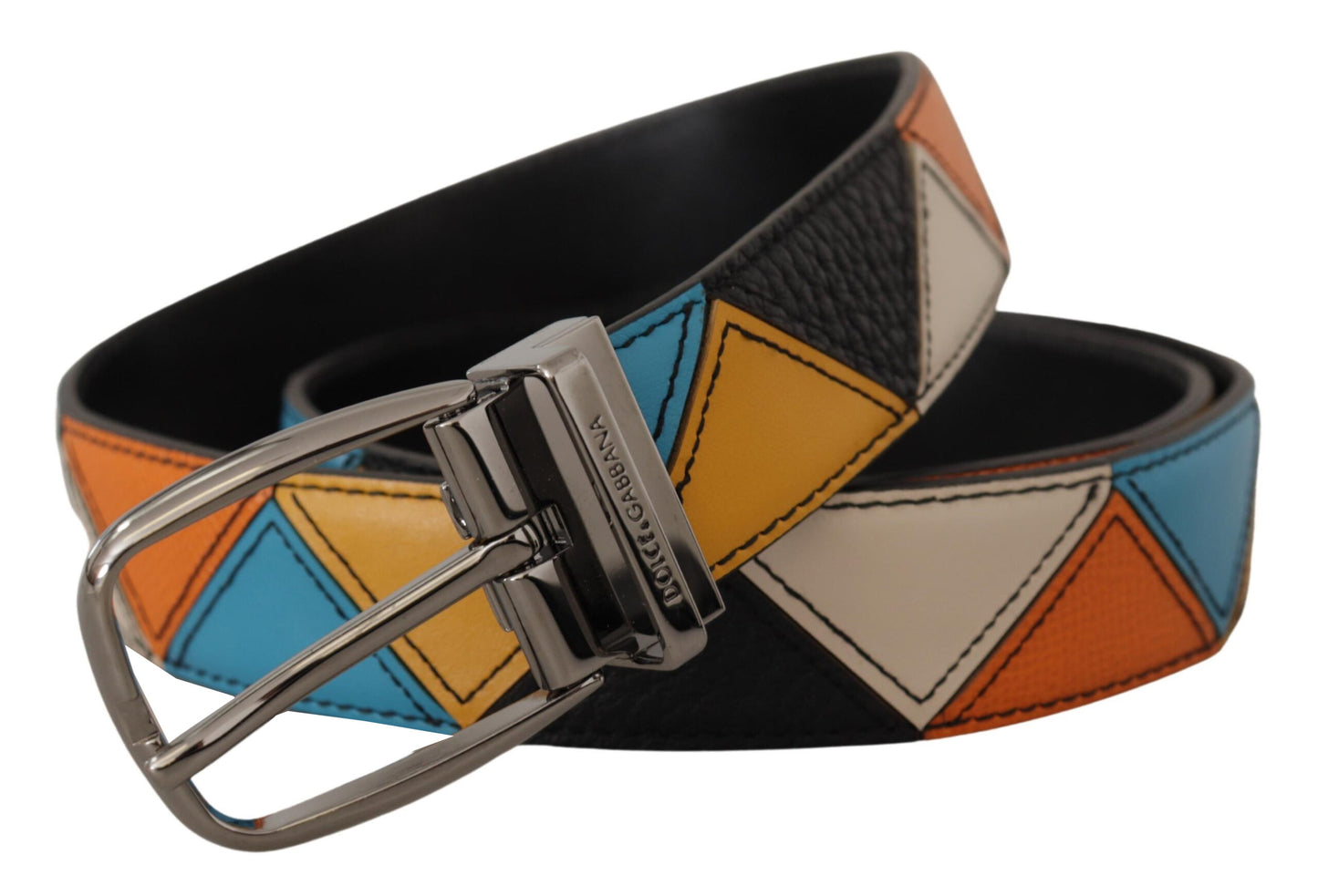 Elegante cinturón de piel multicolor con hebilla plateada