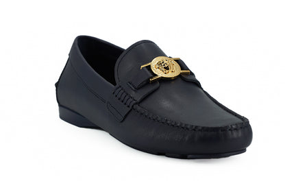 Elegantes mocasines de piel de becerro azul marino