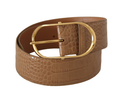 Elegante cinturón de piel beige con hebilla grabada