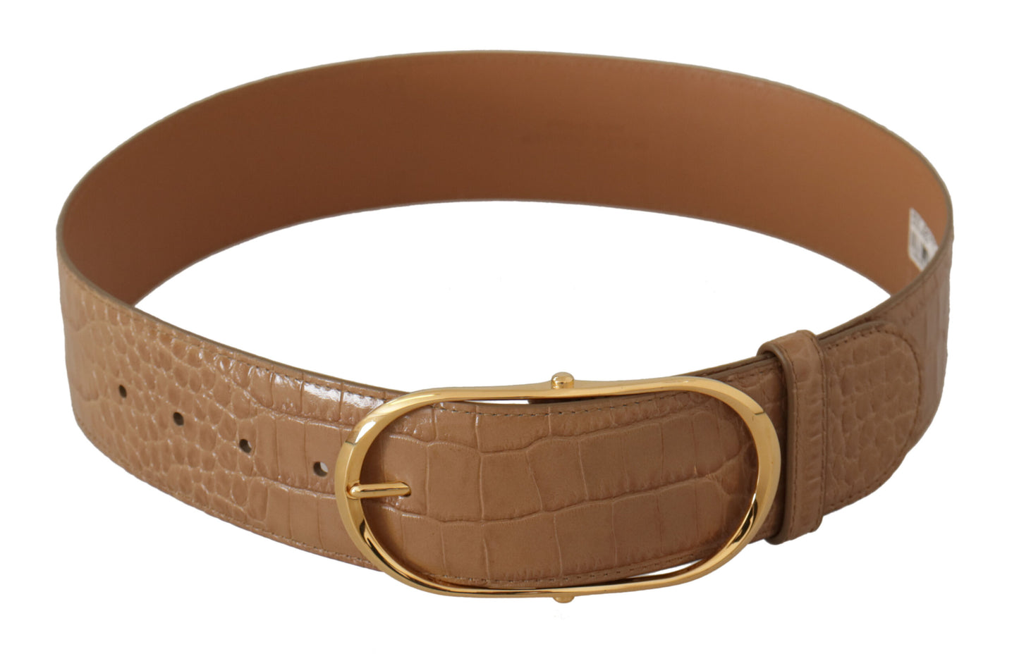 Elegante cinturón de piel beige con hebilla grabada