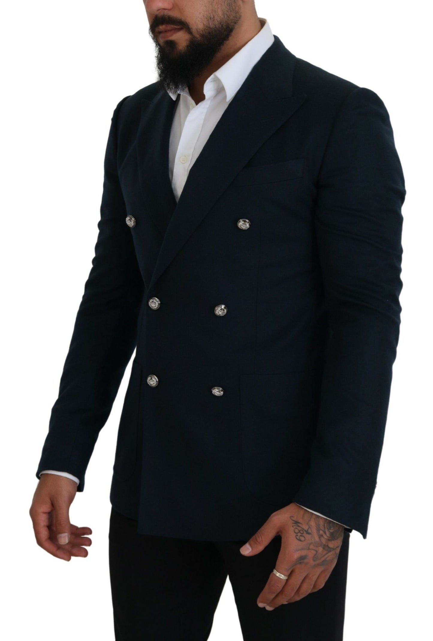 Elegante blazer azul de mezcla de cachemira y seda