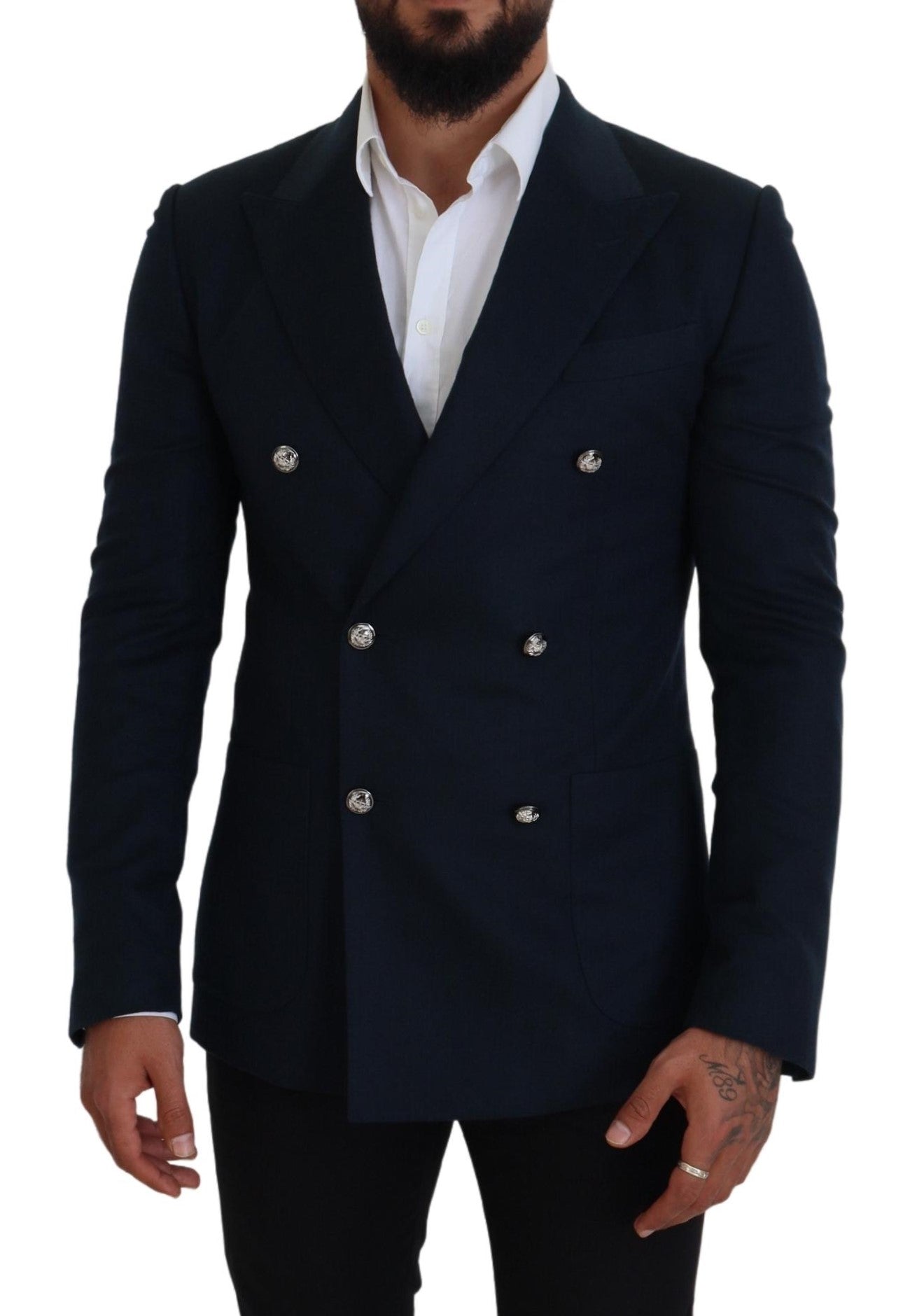 Elegante blazer azul de mezcla de cachemira y seda