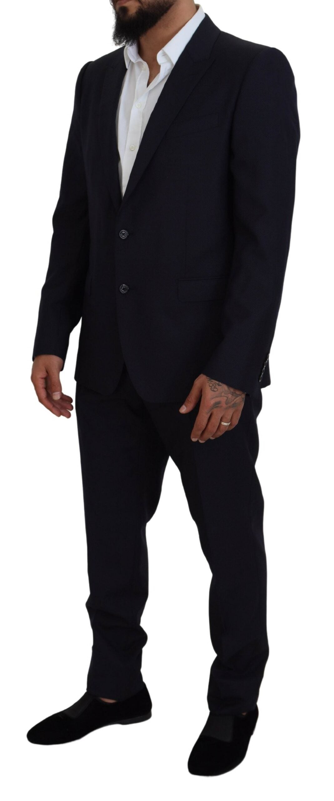 Elegante traje azul martini de mezcla de lana y seda