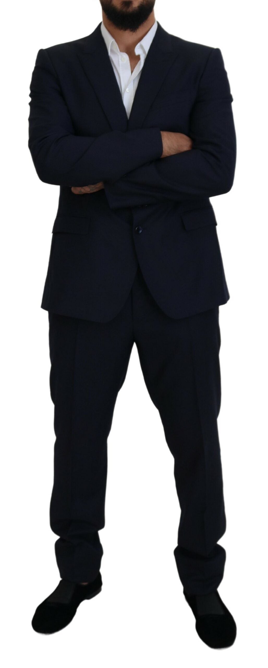 Elegante traje azul martini de mezcla de lana y seda