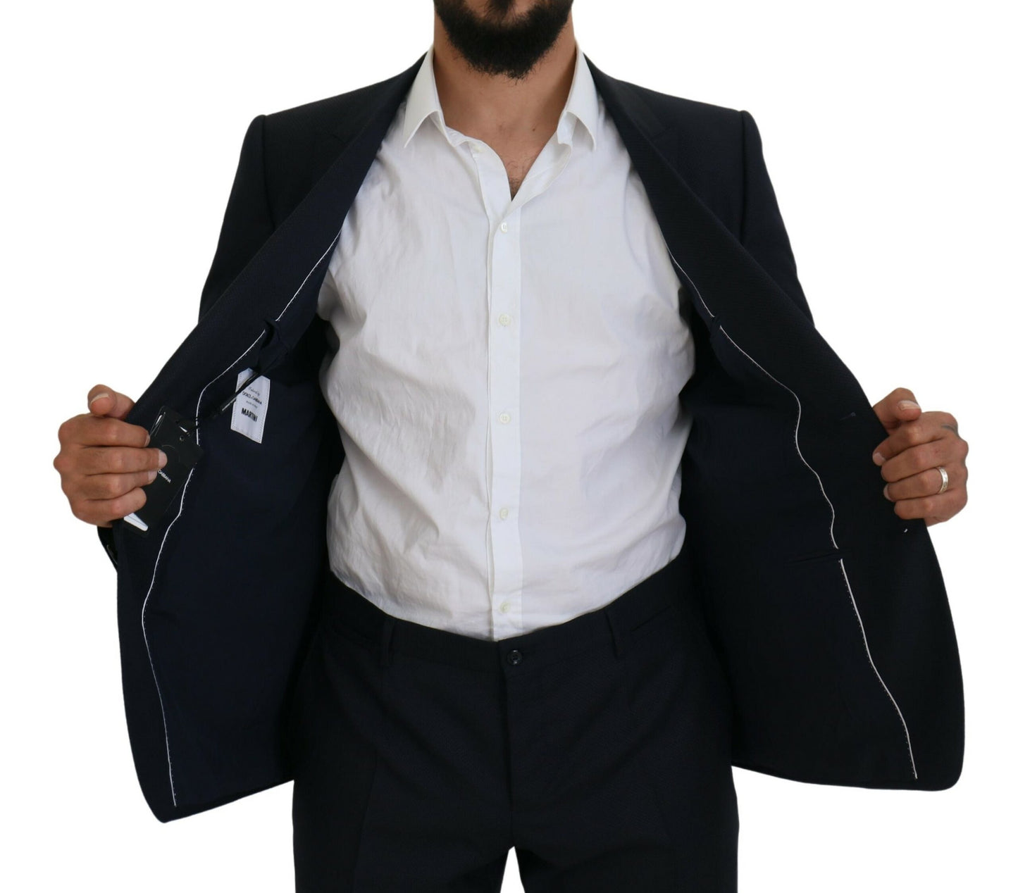 Elegante traje azul martini de mezcla de lana y seda