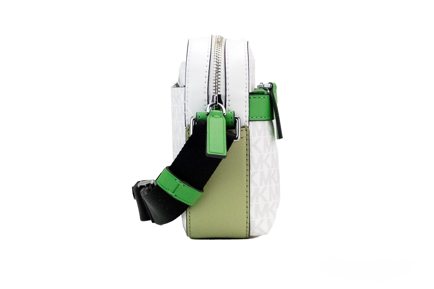 Bolso bandolera utilitario pequeño Cooper de PVC con diseño de palmeras en blanco brillante