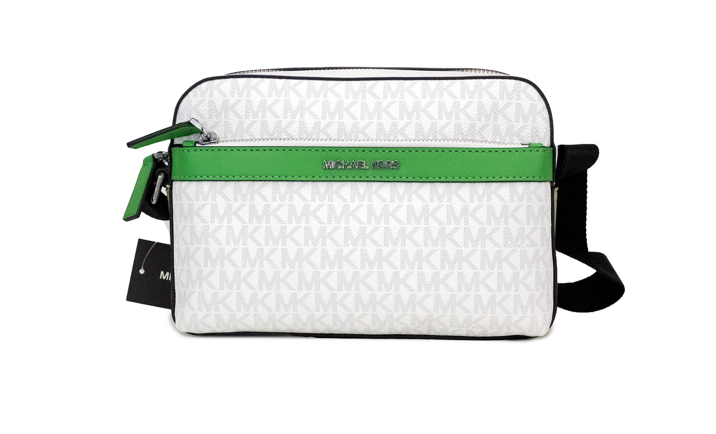 Bolso bandolera utilitario pequeño Cooper de PVC con diseño de palmeras en blanco brillante