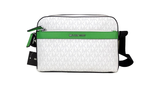 Bolso bandolera utilitario pequeño Cooper de PVC con diseño de palmeras en blanco brillante