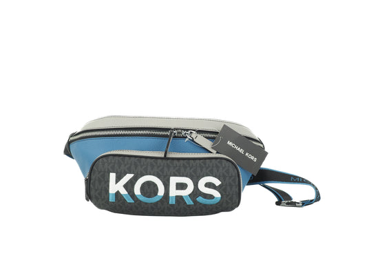 Cinturón utilitario grande Cooper de cuero azul con logotipo bordado en varios colores