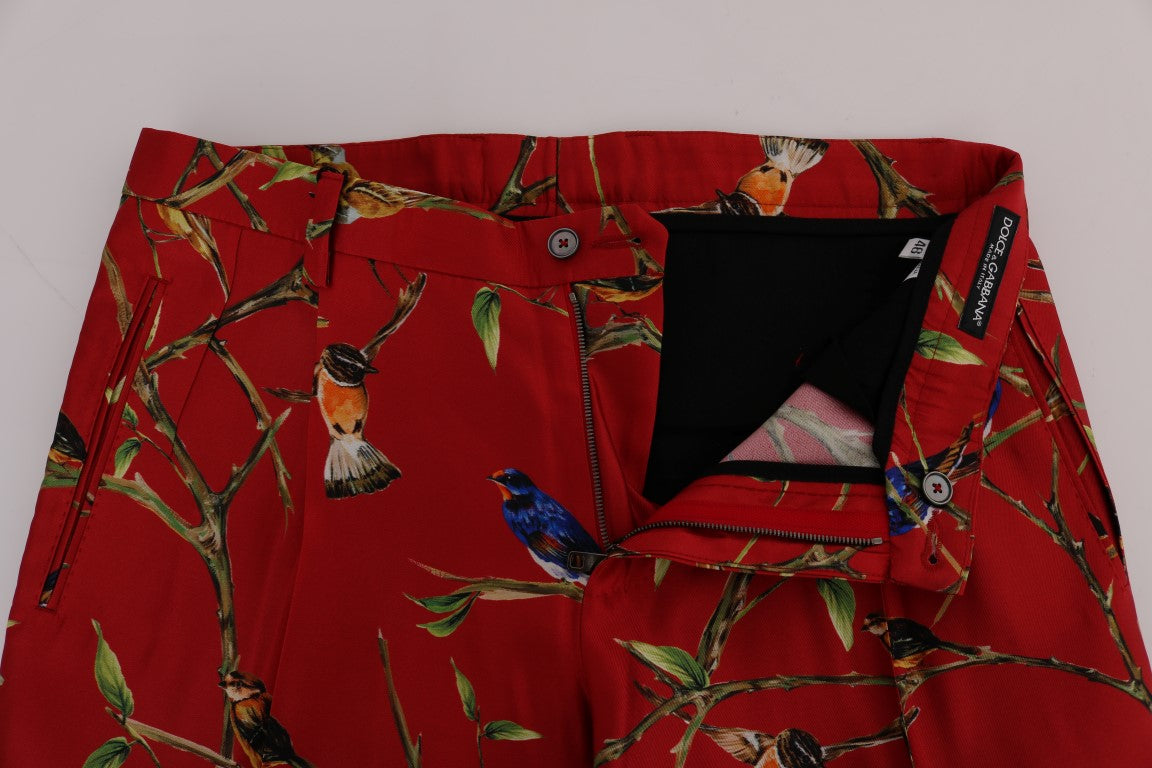 Elegante pantalón de vestir de seda con estampado de pájaros rojos
