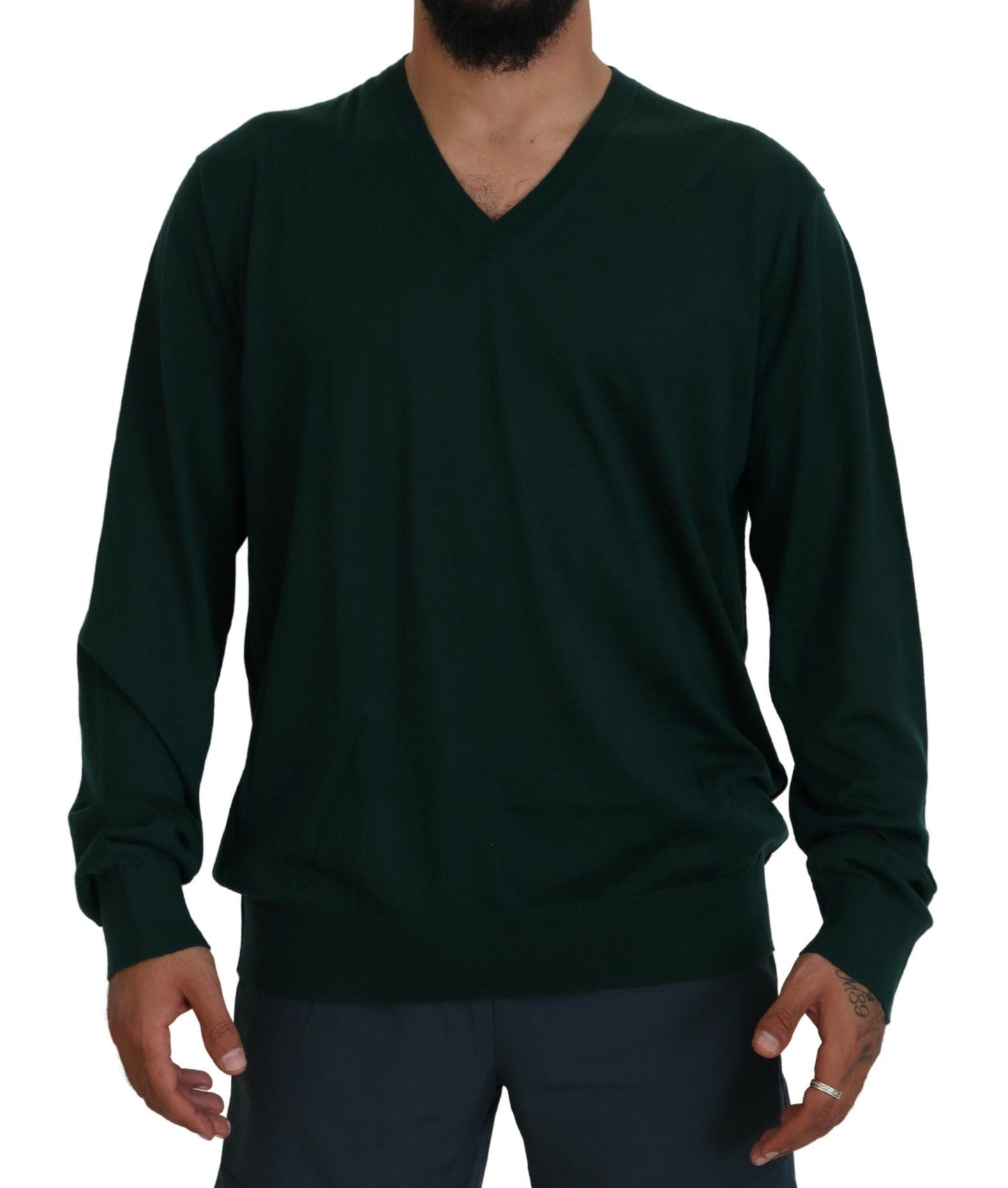 Elegante suéter de cachemira verde con cuello en V