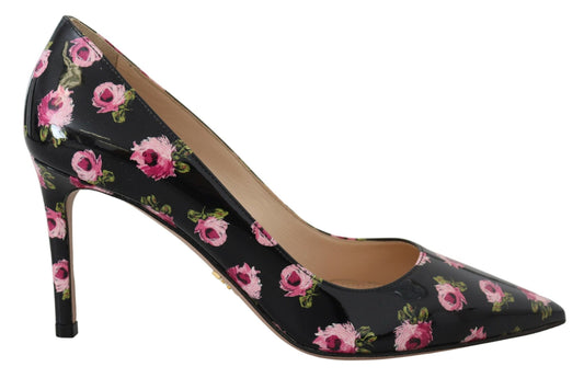 Elegantes zapatos de tacón de cuero con estampado floral