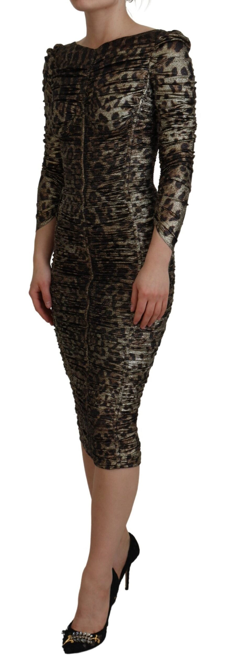 Elegante vestido midi ajustado con estampado de leopardo