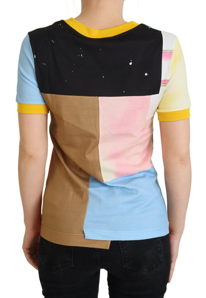 Camiseta de cuello redondo de algodón con estampado de patchwork