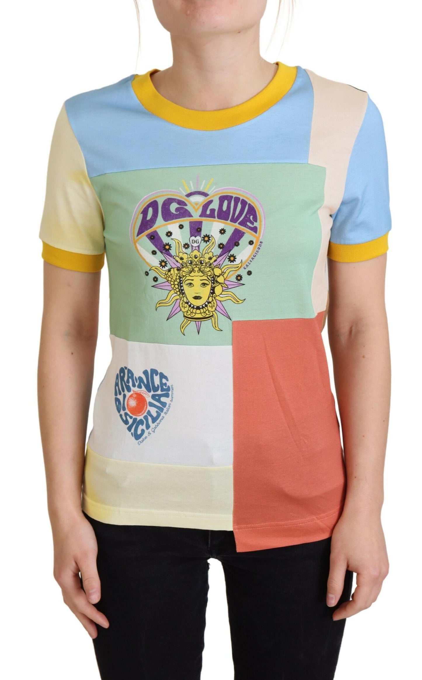 Camiseta de cuello redondo de algodón con estampado de patchwork