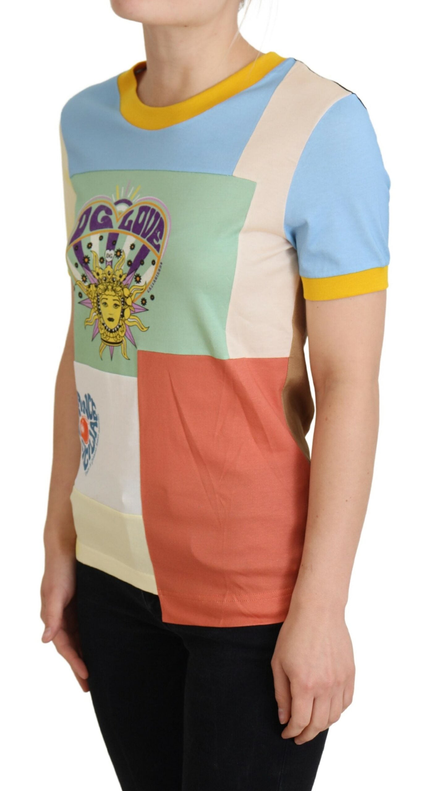 Camiseta de cuello redondo de algodón con estampado de patchwork