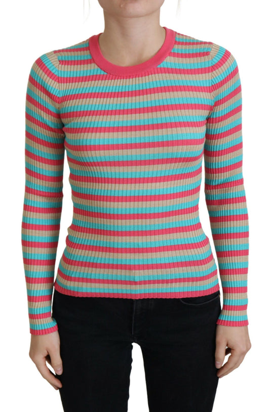 Elegante jersey de cuello redondo de seda a rayas