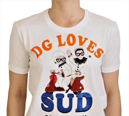 Elegante camiseta blanca de cuello redondo con estampado colorido