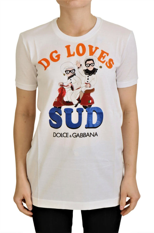 Elegante camiseta blanca de cuello redondo con estampado colorido