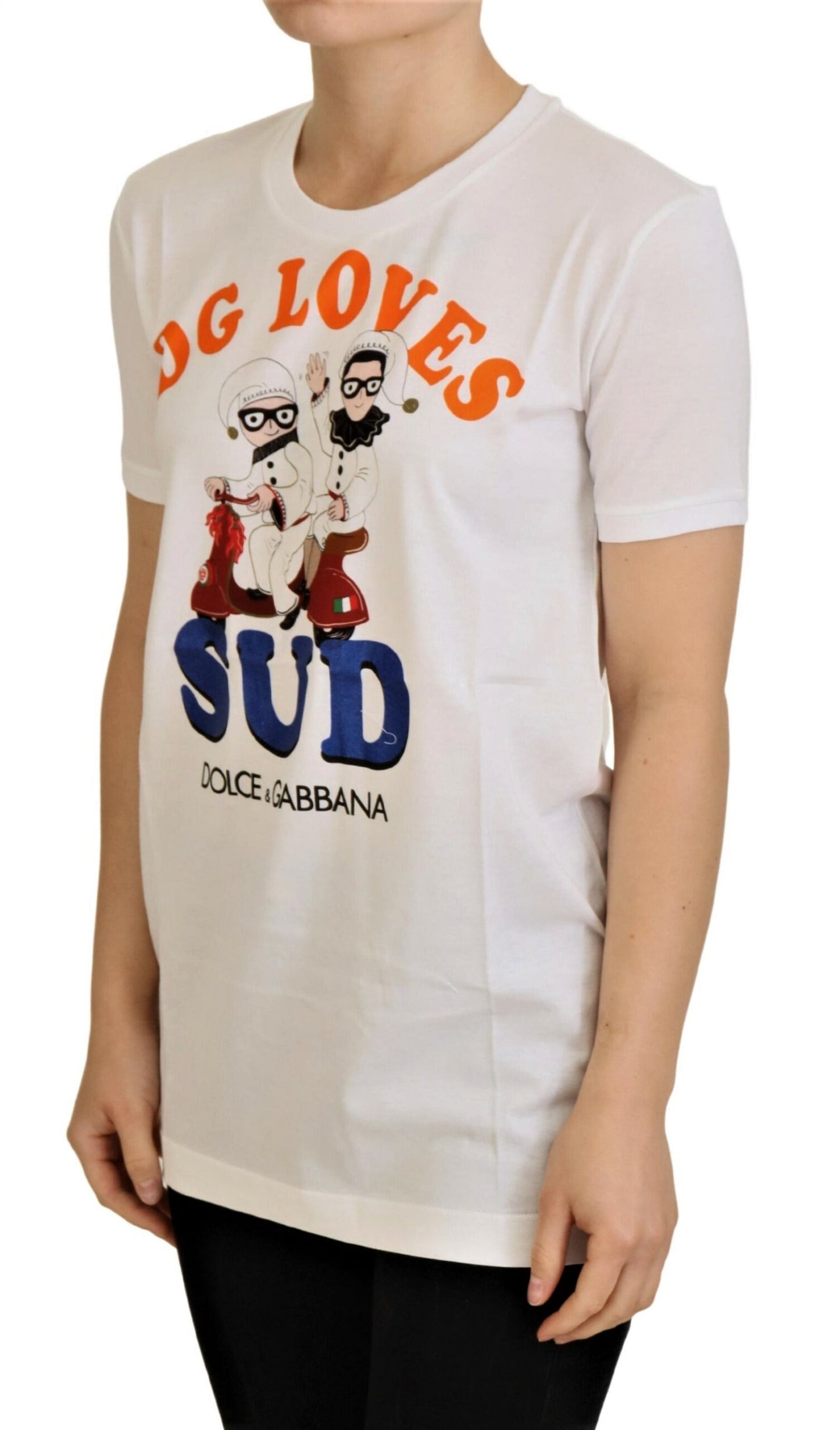 Elegante camiseta blanca de cuello redondo con estampado colorido