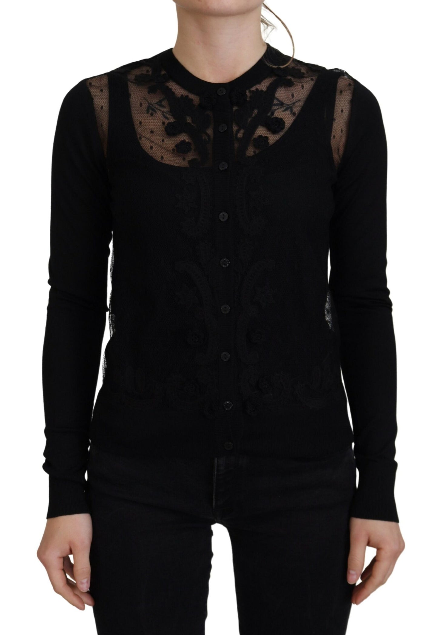 Elegante suéter tipo cárdigan de encaje floral negro