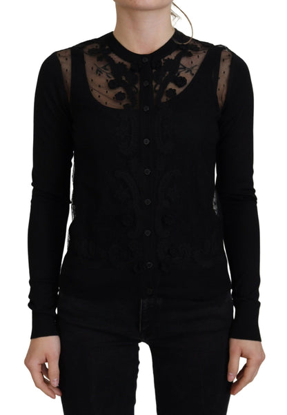 Elegante suéter tipo cárdigan de encaje floral negro