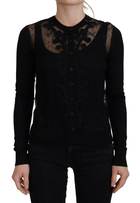 Elegante suéter tipo cárdigan de encaje floral negro