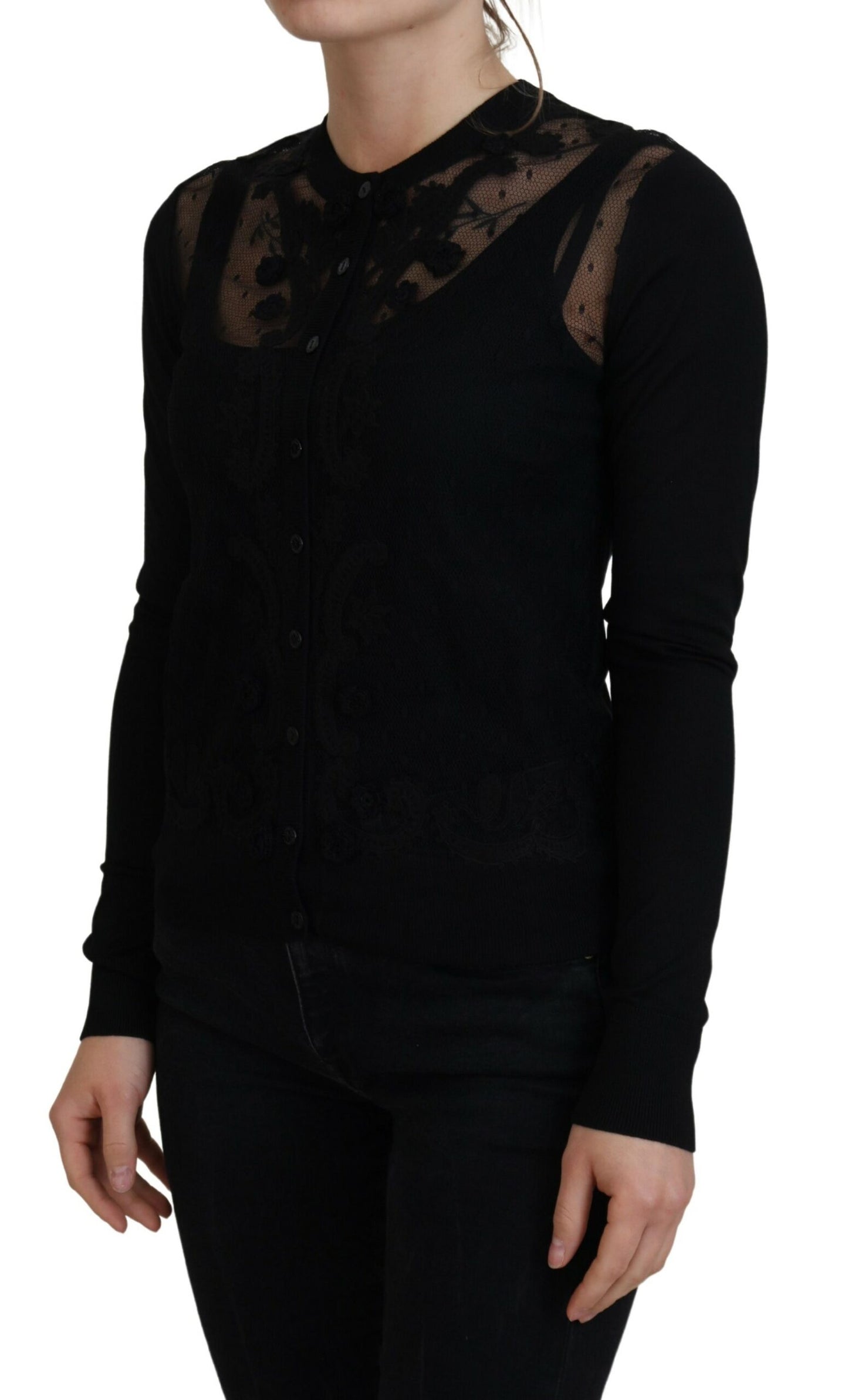Elegante suéter tipo cárdigan de encaje floral negro