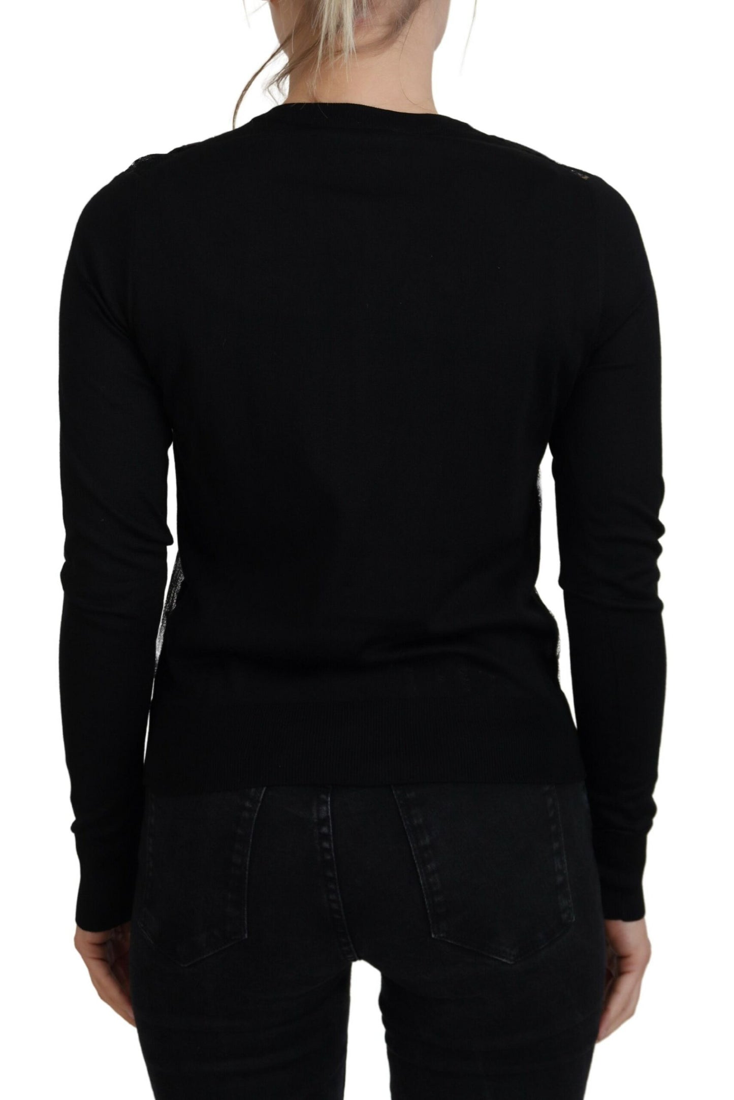 Elegante suéter tipo cárdigan de encaje floral negro