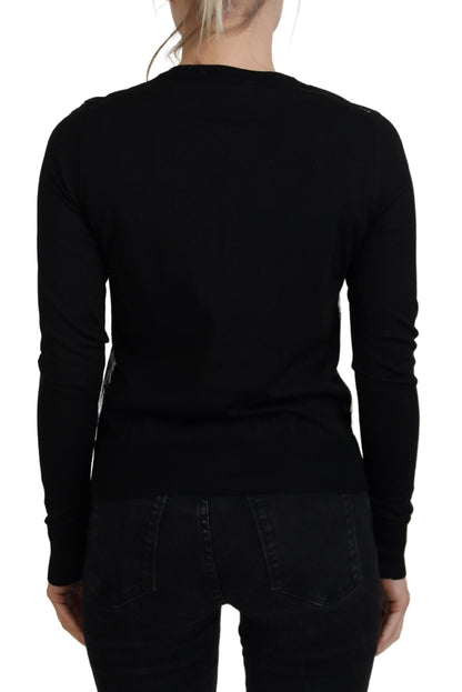 Elegante suéter tipo cárdigan de encaje floral negro