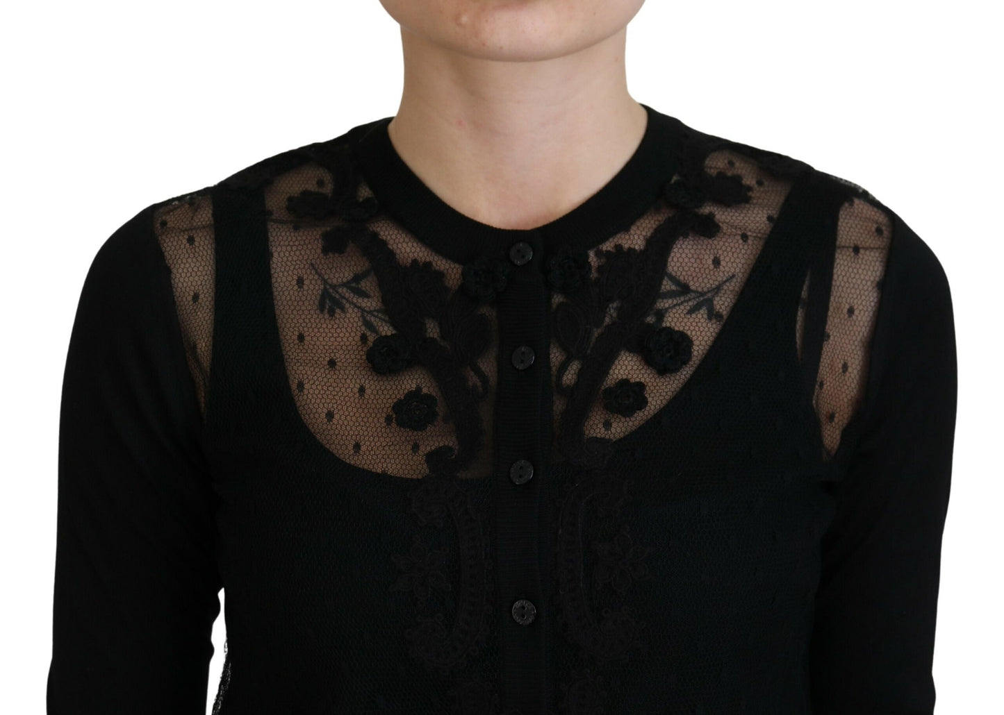 Elegante suéter tipo cárdigan de encaje floral negro