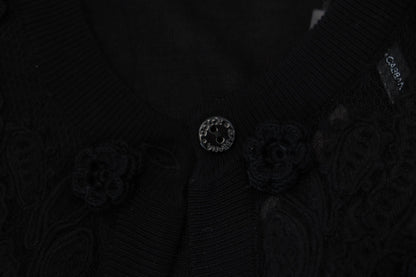 Elegante suéter tipo cárdigan de encaje floral negro