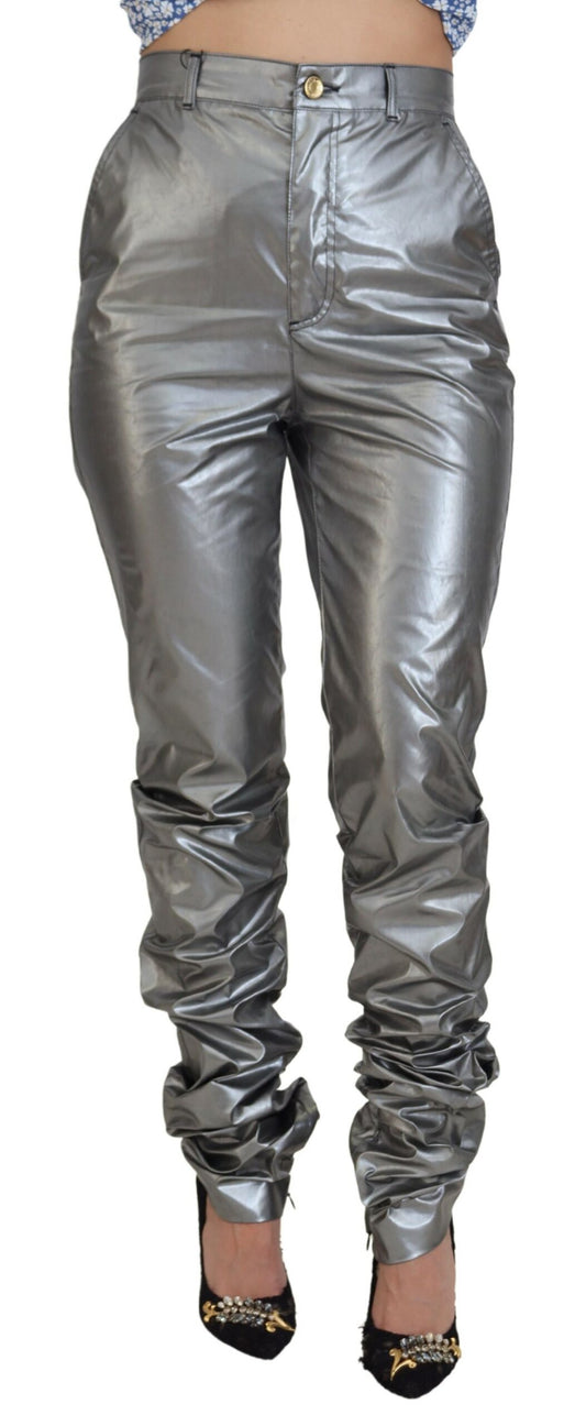 Pantalones pitillo elegantes de cintura alta en color plata