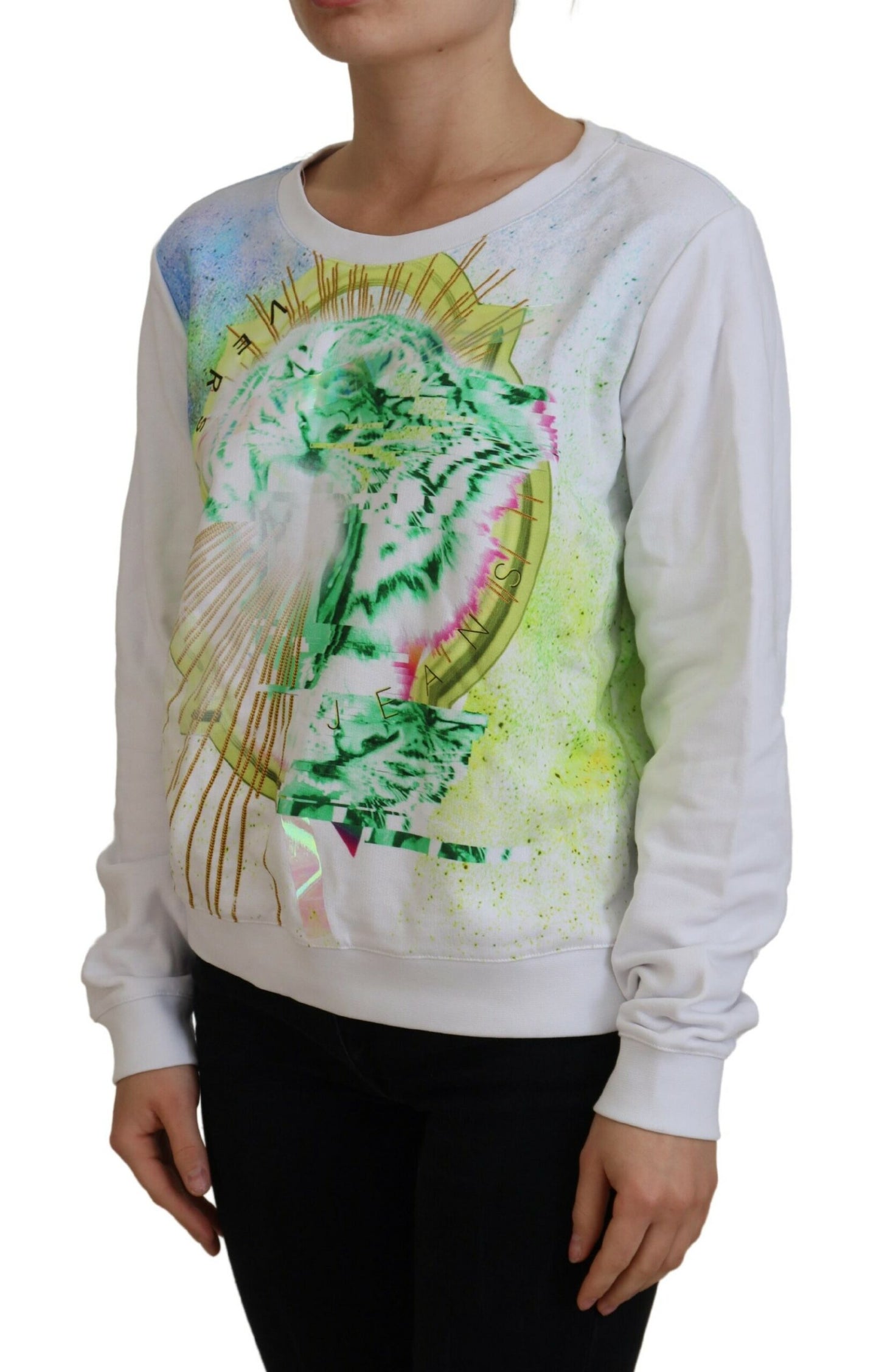 Suéter elegante de cuello redondo con estampado blanco