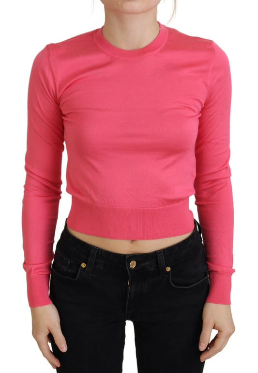 Elegante suéter rosa corto de cuello redondo