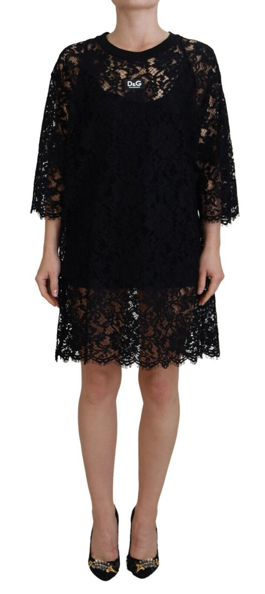 Elegante vestido recto de encaje floral negro