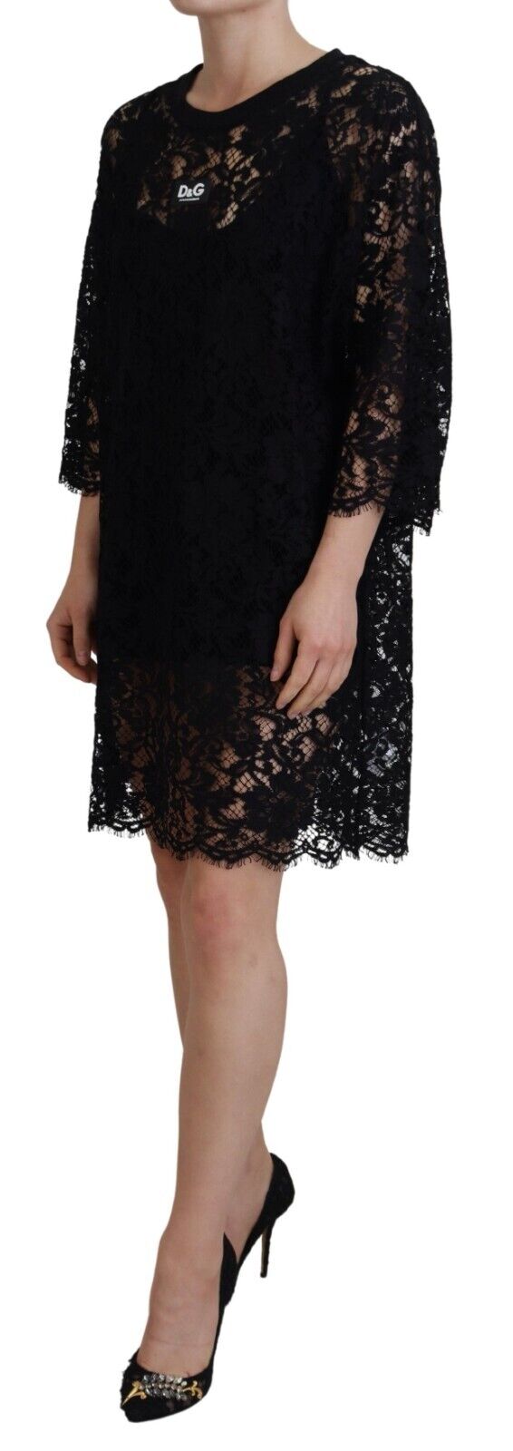 Elegante vestido recto de encaje floral negro