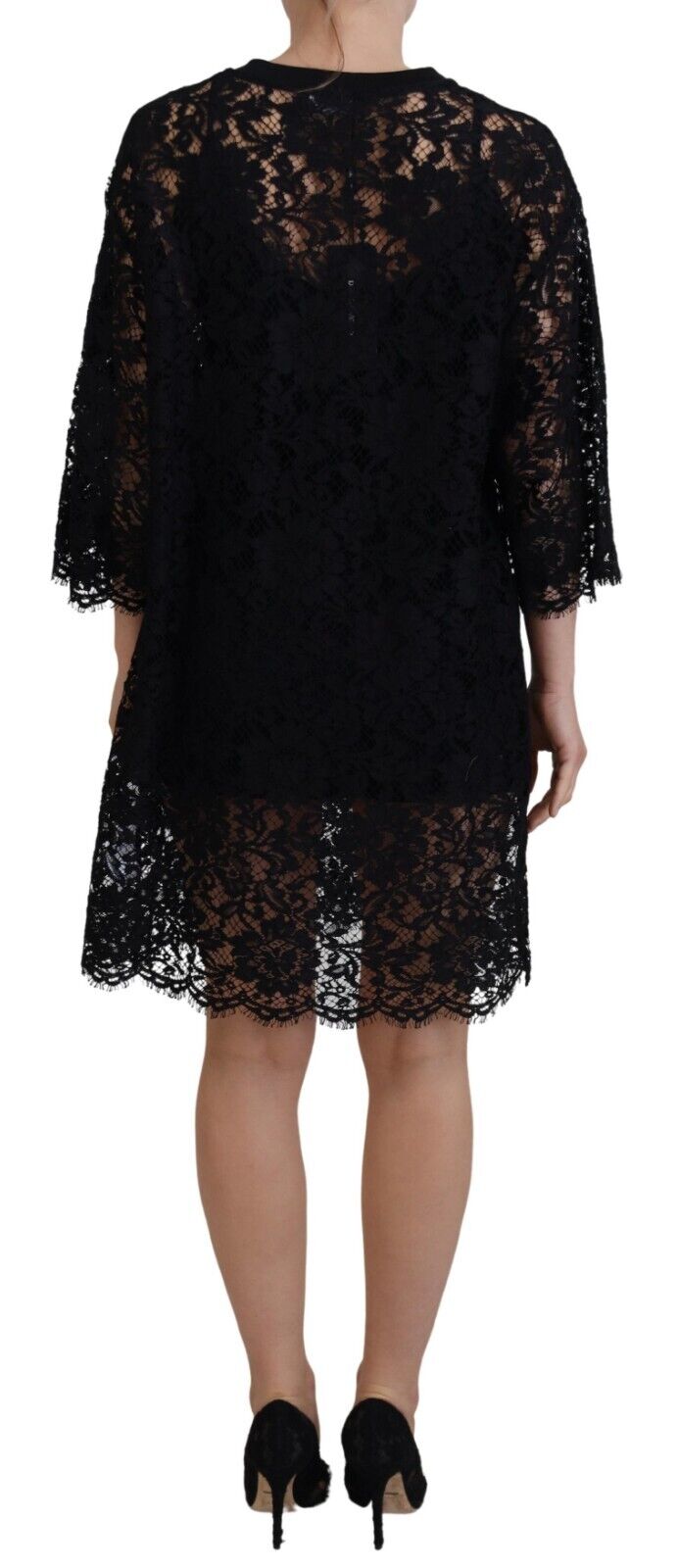 Elegante vestido recto de encaje floral negro