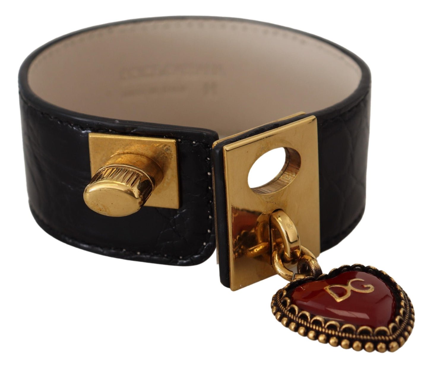 Elegante pulsera de cuero negro con detalles dorados