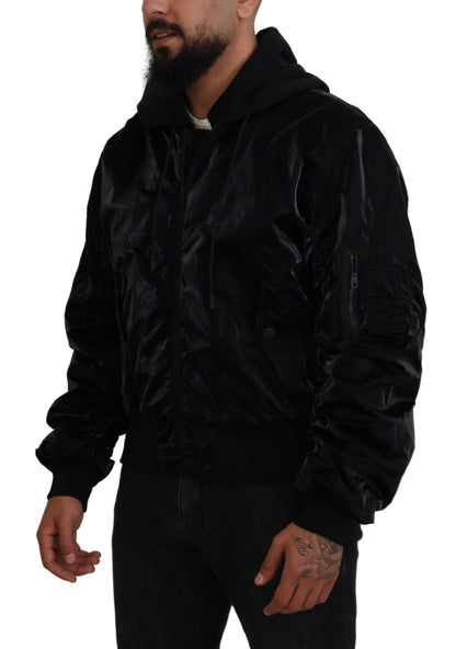 Elegante chaqueta bomber negra con capucha
